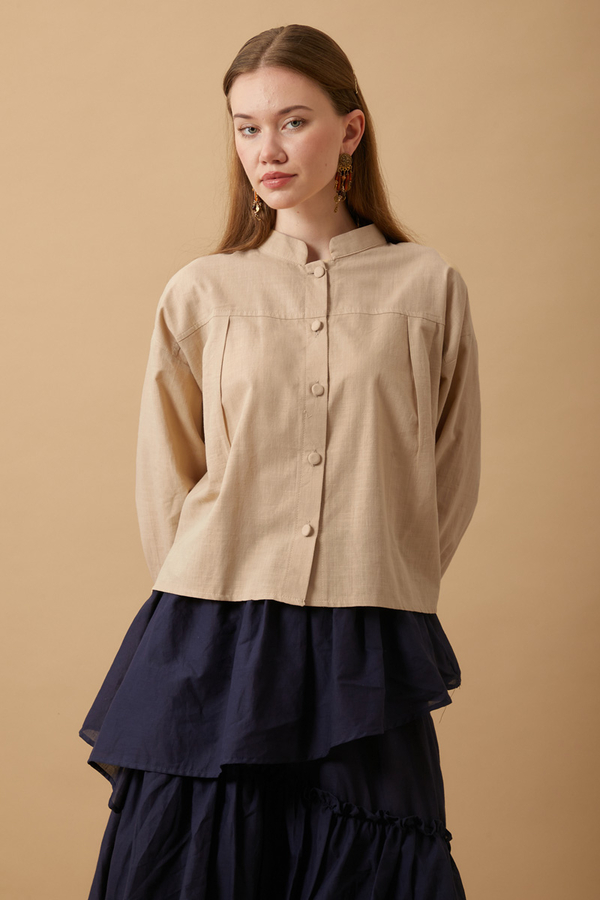 Pleated Short Shirt Beige - 6