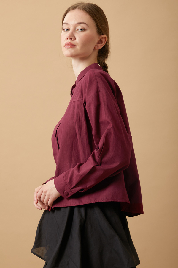 Pleated Short Shirt Burgundy - 7