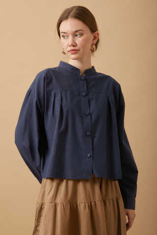 Pleated Short Shirt Navy Blue - 2