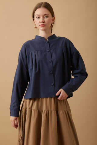 Pleated Short Shirt Navy Blue - 3