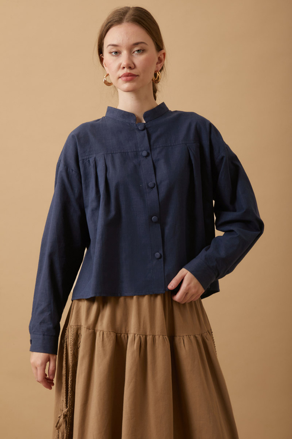 Pleated Short Shirt Navy Blue - 3