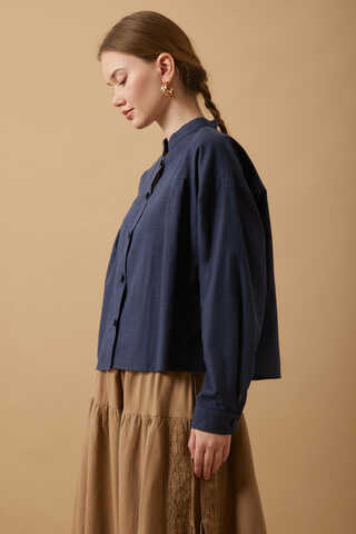 Pleated Short Shirt Navy Blue - 4