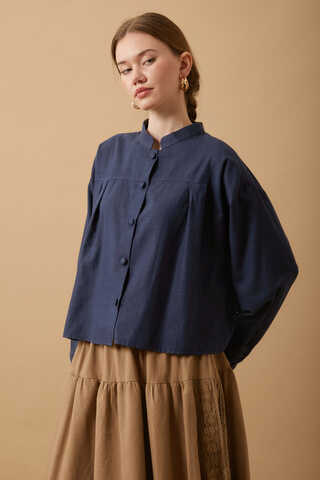 Pleated Short Shirt Navy Blue - 5