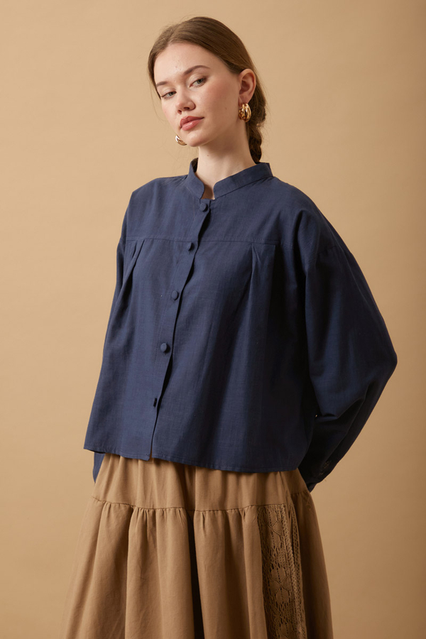 Pleated Short Shirt Navy Blue - 5