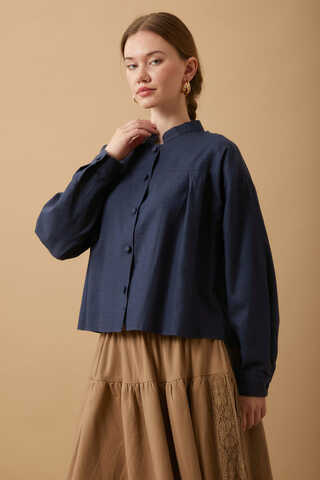 Pleated Short Shirt Navy Blue - 6