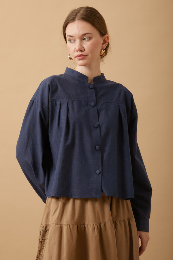 Pleated Short Shirt Navy Blue - 2