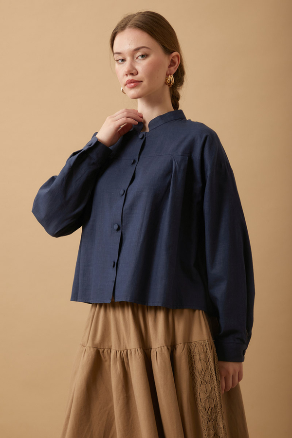 Pleated Short Shirt Navy Blue - 6