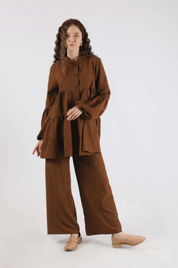 Pleated Tunic Set Brown - 1