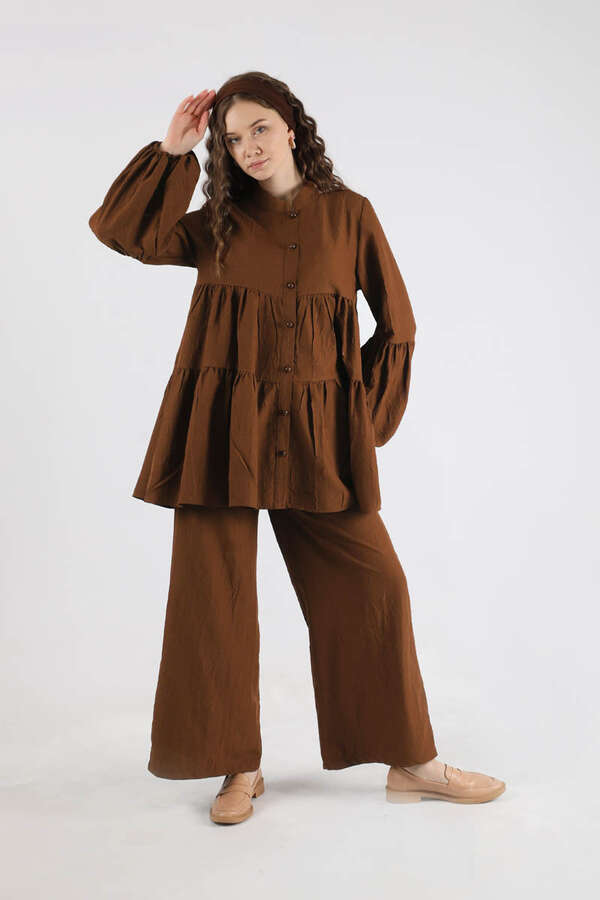 Pleated Tunic Set Brown - 3