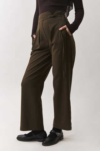 Pleated Waistband Trousers Brown - 3