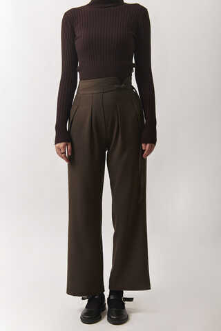 Pleated Waistband Trousers Brown - 5