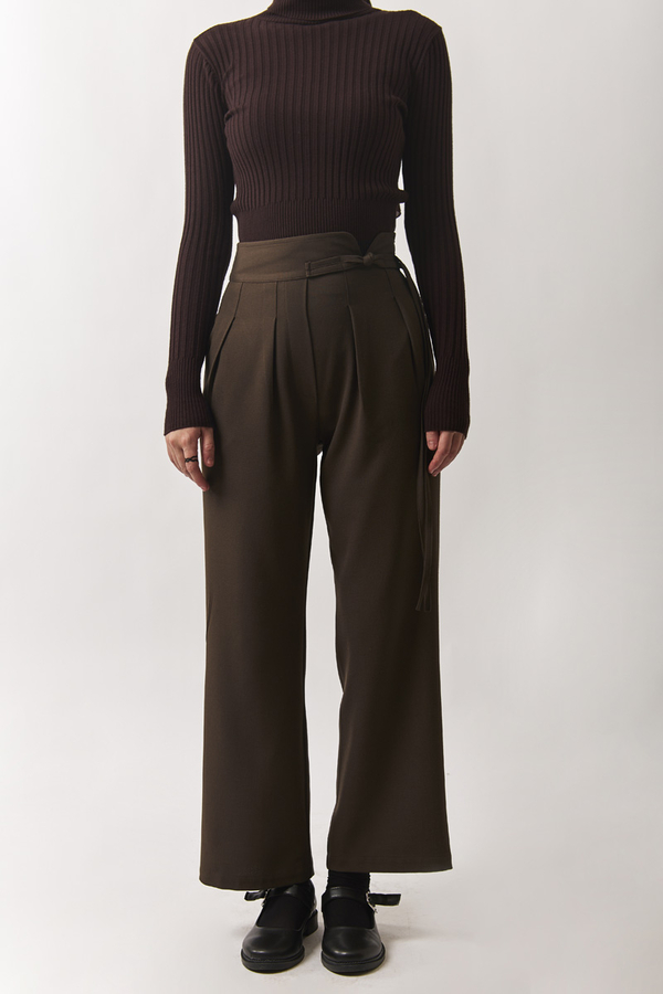 Pleated Waistband Trousers Brown - 5