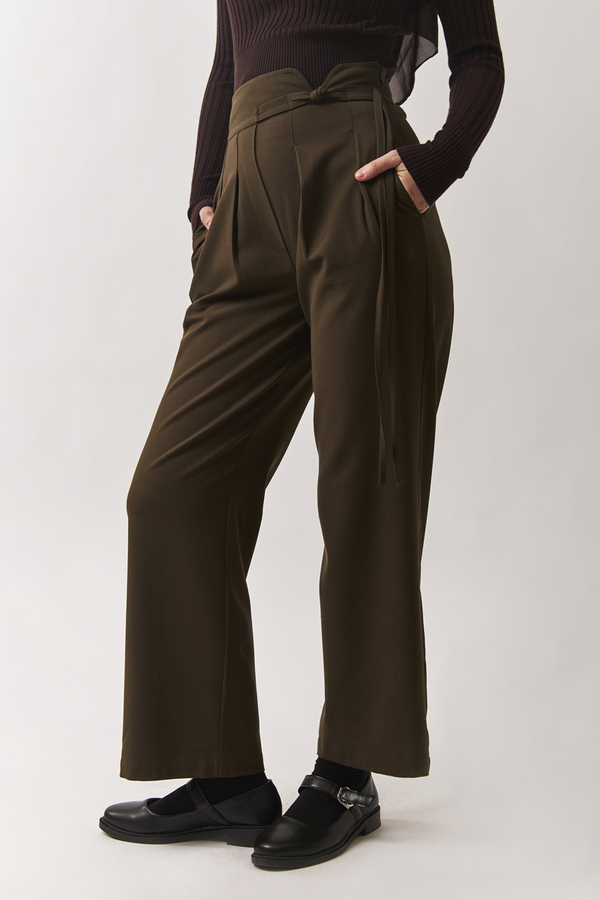 Pleated Waistband Trousers Brown - 3