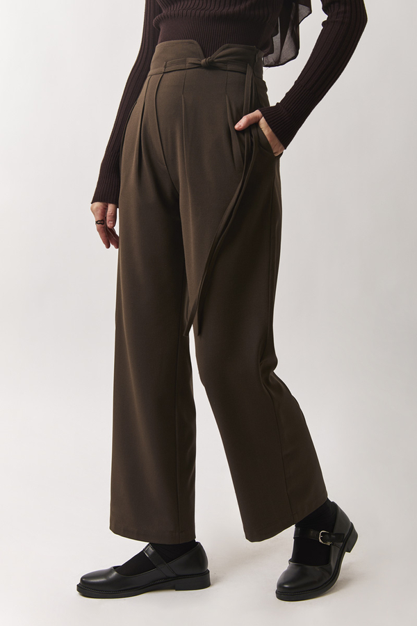 Pleated Waistband Trousers Brown - 4