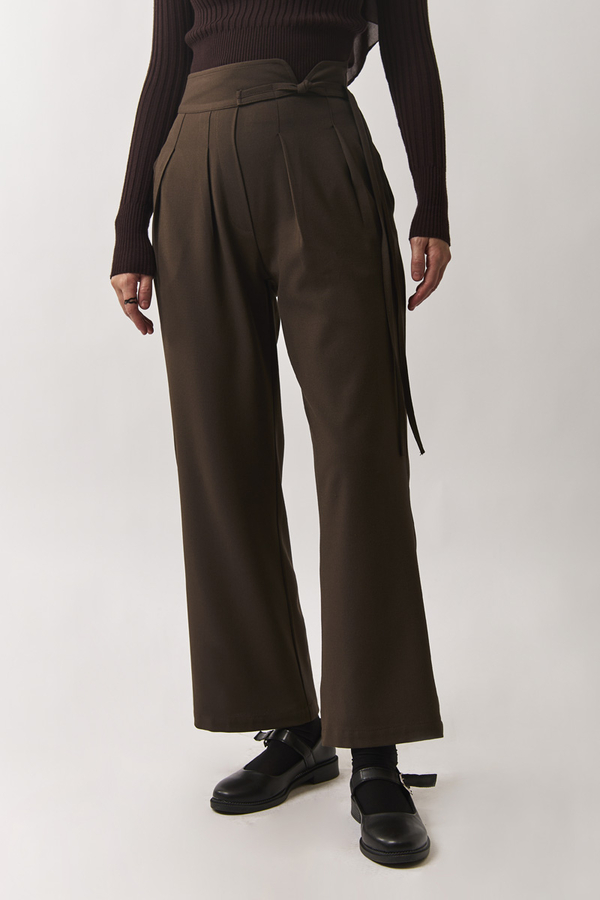 Pleated Waistband Trousers Brown - 1