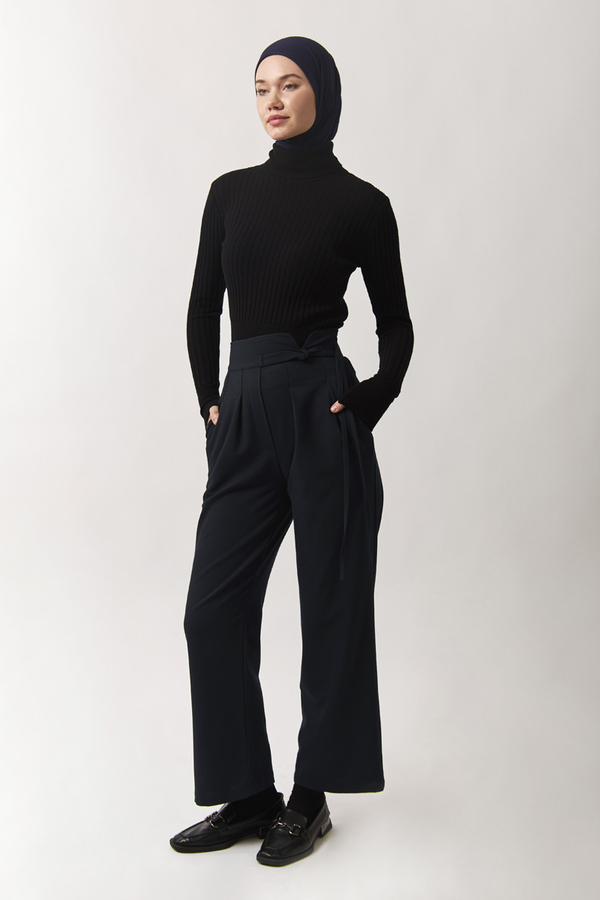 Pleated Waistband Trousers Navy Blue - 4