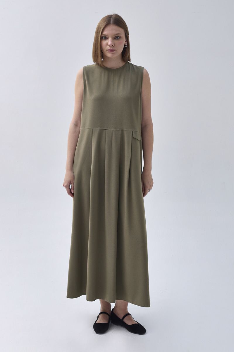 Pleated Yoke Dress Khaki