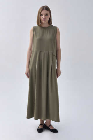 Pleated Yoke Dress Khaki - 1