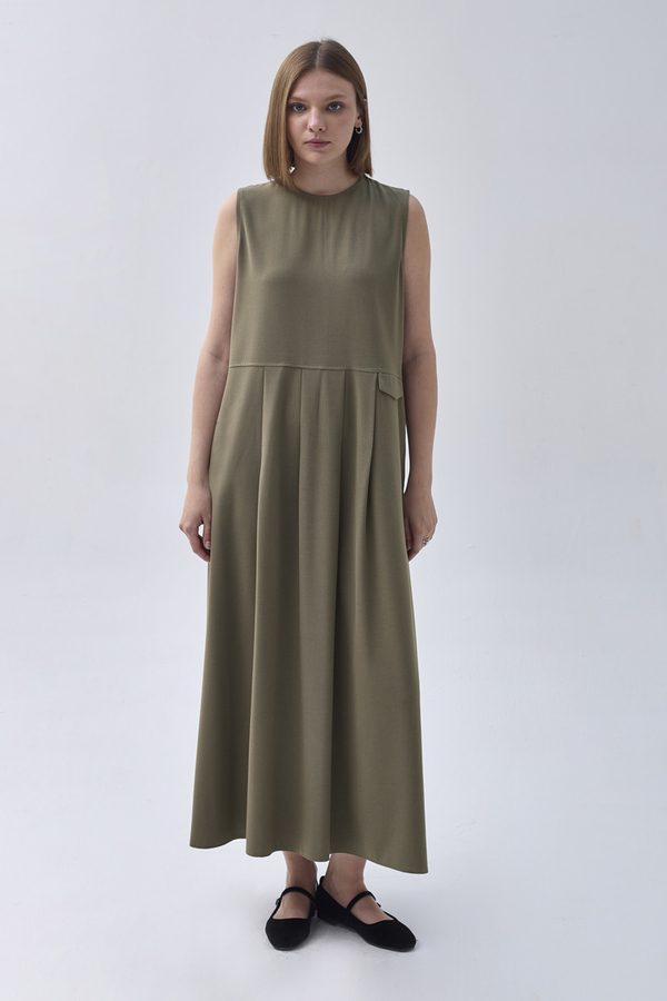 Pleated Yoke Dress Khaki