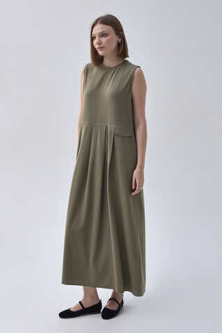 Pleated Yoke Dress Khaki - 3
