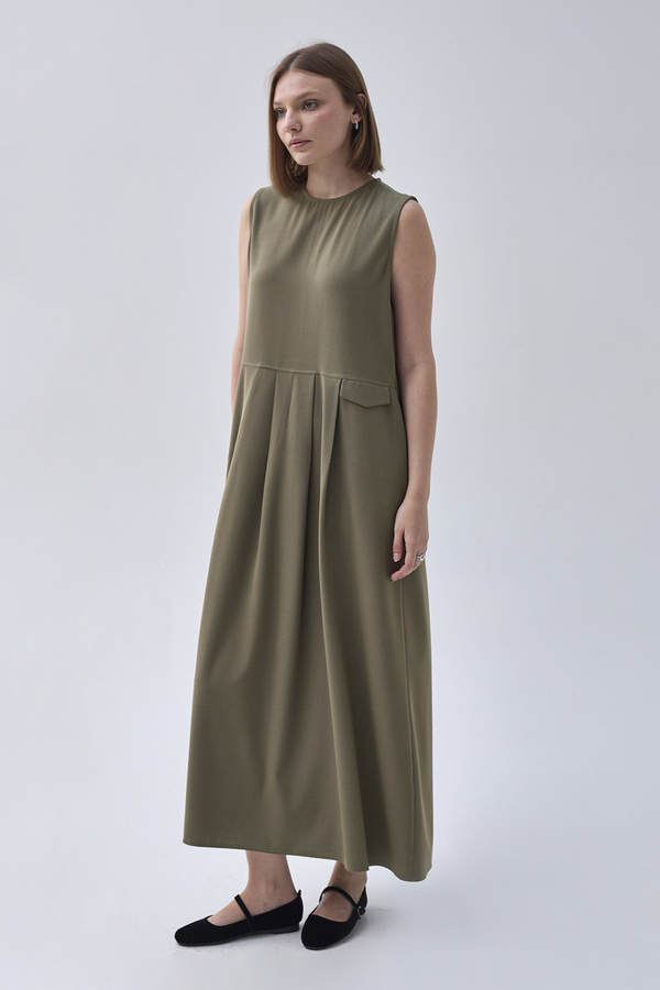 Pleated Yoke Dress Khaki - 3