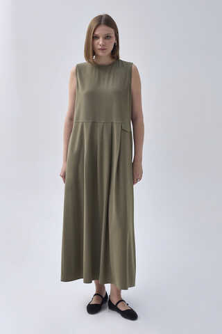 Pleated Yoke Dress Khaki - 4
