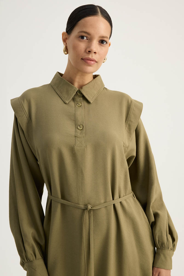 Polo Collar Dress Khaki - 4