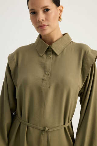 Polo Collar Dress Khaki - 5
