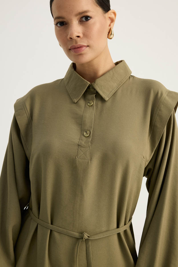 Polo Collar Dress Khaki - 5