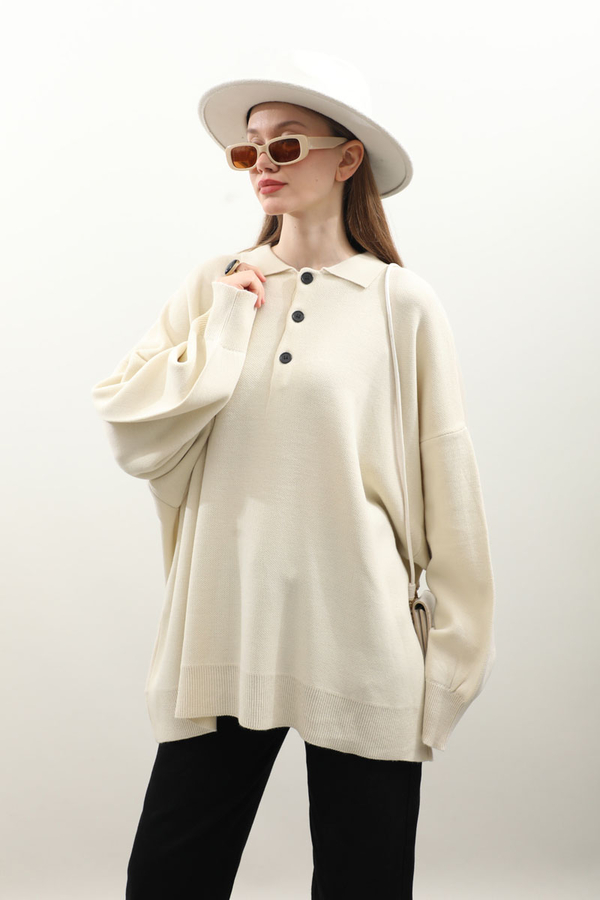 Polo Yaka Uzun Kazak Krem 