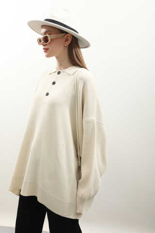 Polo Yaka Uzun Kazak Krem - 4