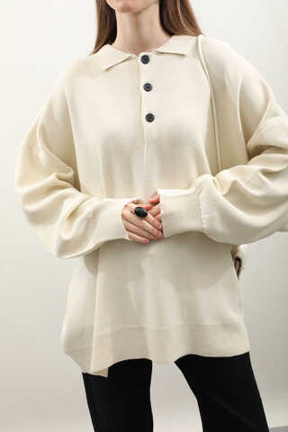 Polo Yaka Uzun Kazak Krem - 5