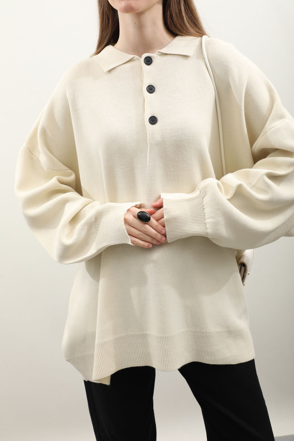 Polo Yaka Uzun Kazak Krem - 5