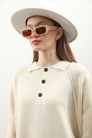 Polo Yaka Uzun Kazak Krem - 6