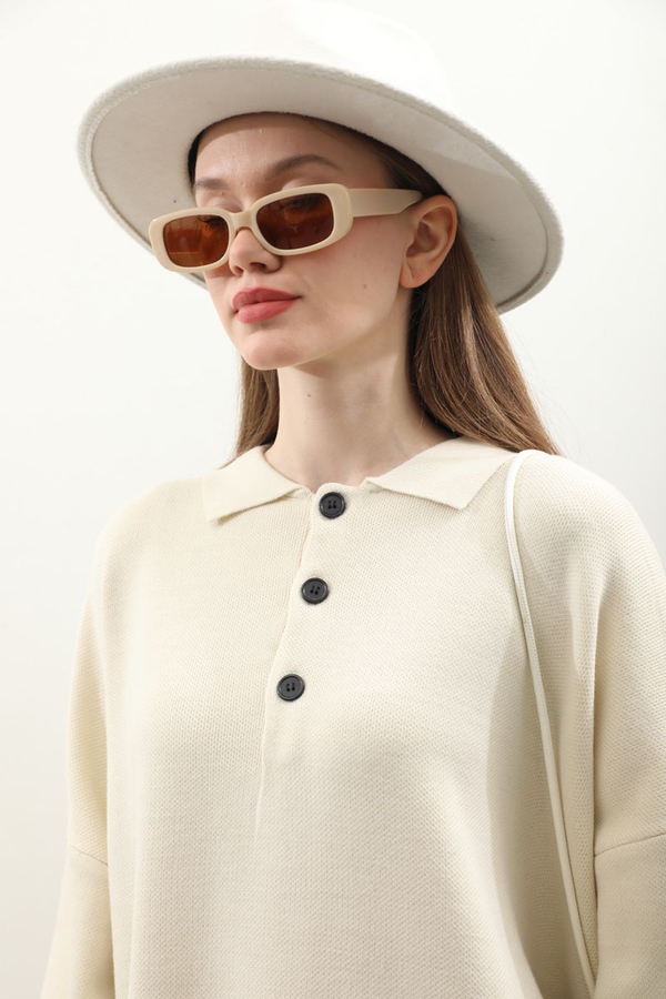 Polo Yaka Uzun Kazak Krem - 6