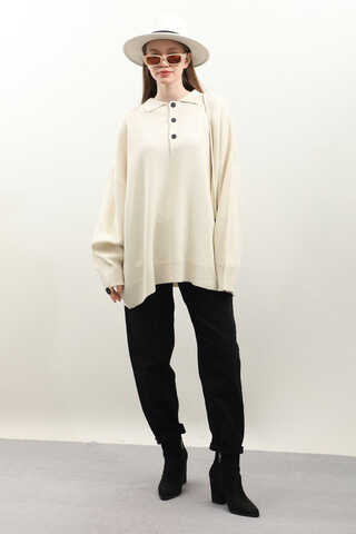 Polo Yaka Uzun Kazak Krem - 2