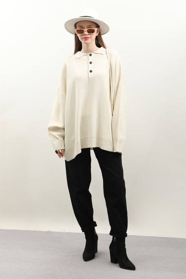 Polo Yaka Uzun Kazak Krem - 2