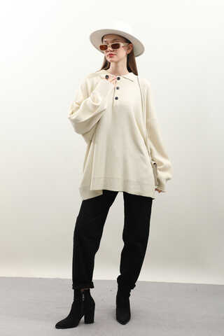 Polo Yaka Uzun Kazak Krem - 3