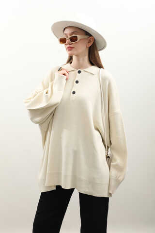 Polo Yaka Uzun Kazak Krem - 1