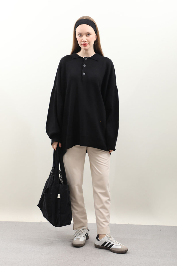 Polo Yaka Uzun Kazak Siyah - 1