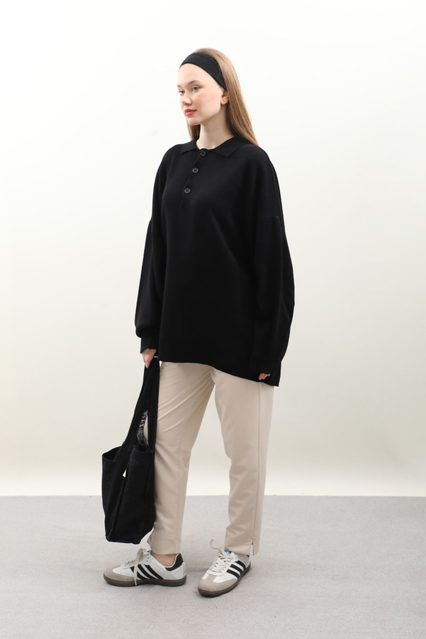 Polo Yaka Uzun Kazak Siyah - 3