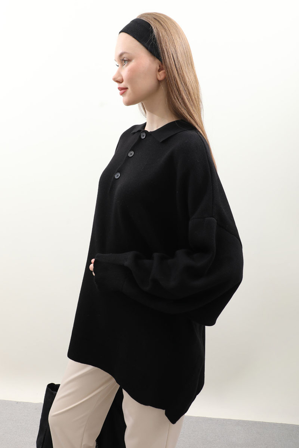 Polo Yaka Uzun Kazak Siyah - 5