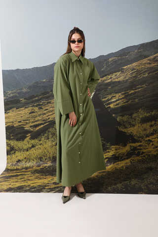 Poplin Gömlek Elbise Haki - 1