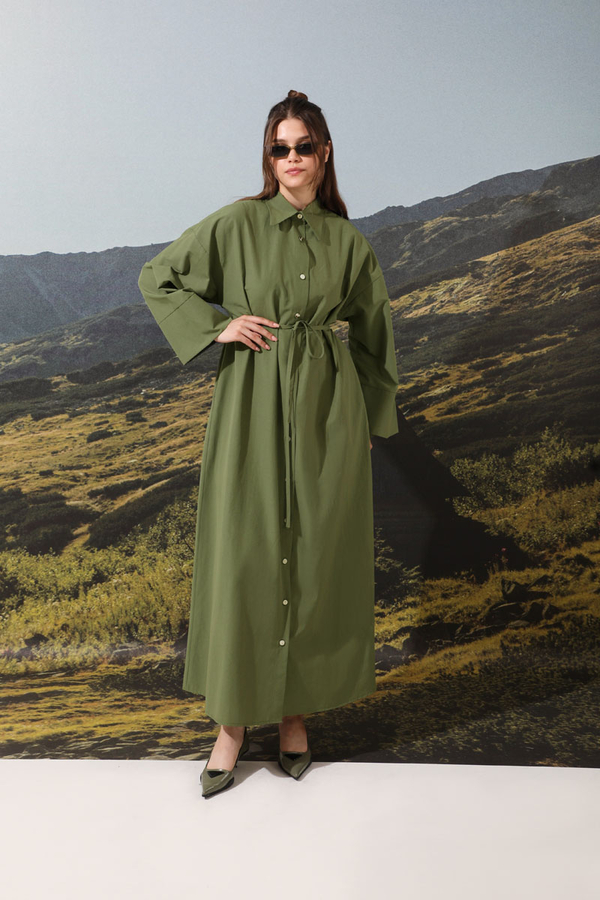 Poplin Gömlek Elbise Haki - 2