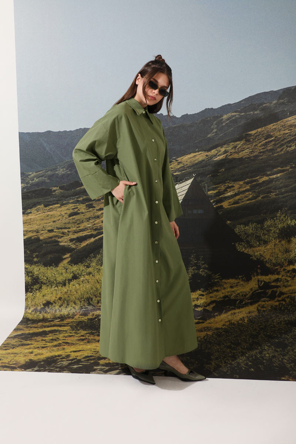 Poplin Gömlek Elbise Haki - 3