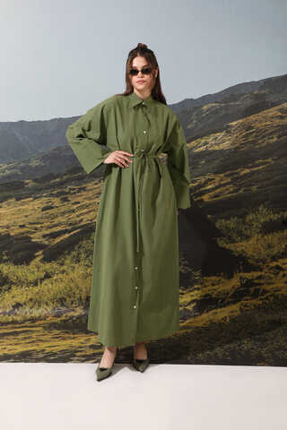 Poplin Gömlek Elbise Haki - 2