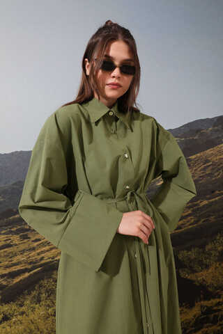 Poplin Gömlek Elbise Haki - 4