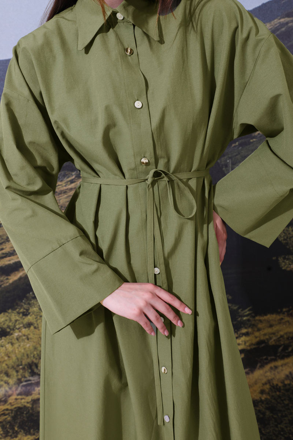 Poplin Gömlek Elbise Haki - 5
