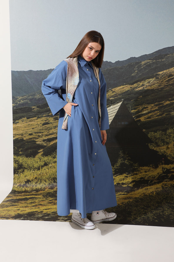 Poplin Gömlek Elbise İndigo - 5