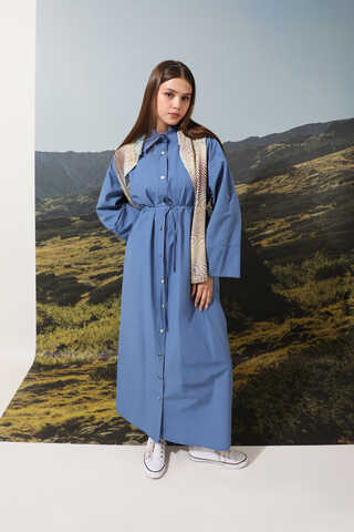 Poplin Gömlek Elbise İndigo - 4